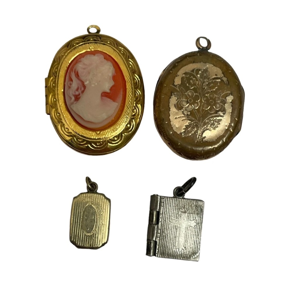 4 VTG Lockets: 1 Antique Miniature Photos, 1 Cameo, 1 Mini Lords Prayer, 1 Mini